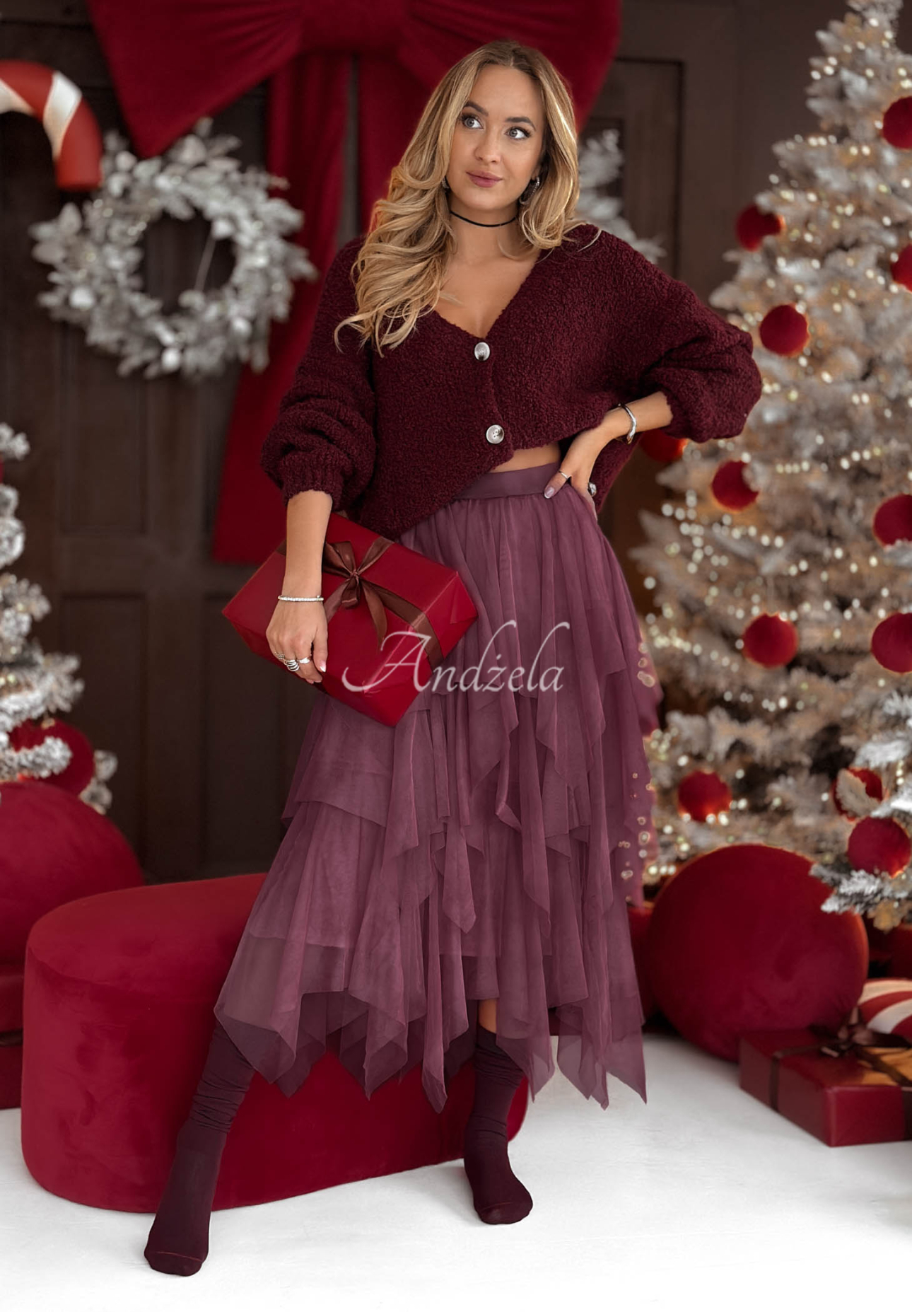 Tylová sukně midi Elisabeth vínová