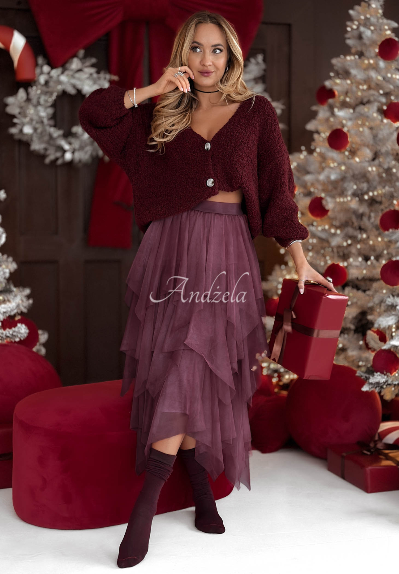 Tylová sukně midi Elisabeth vínová