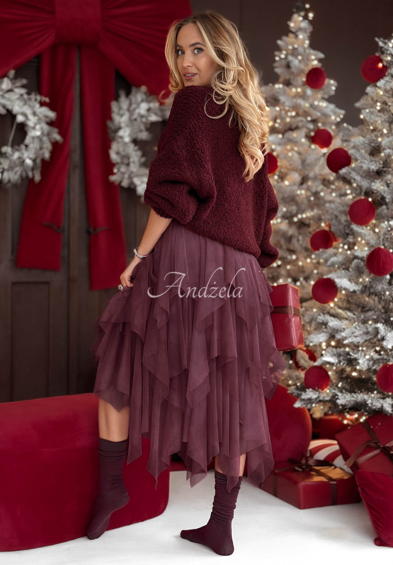 Tylová sukně midi Elisabeth vínová