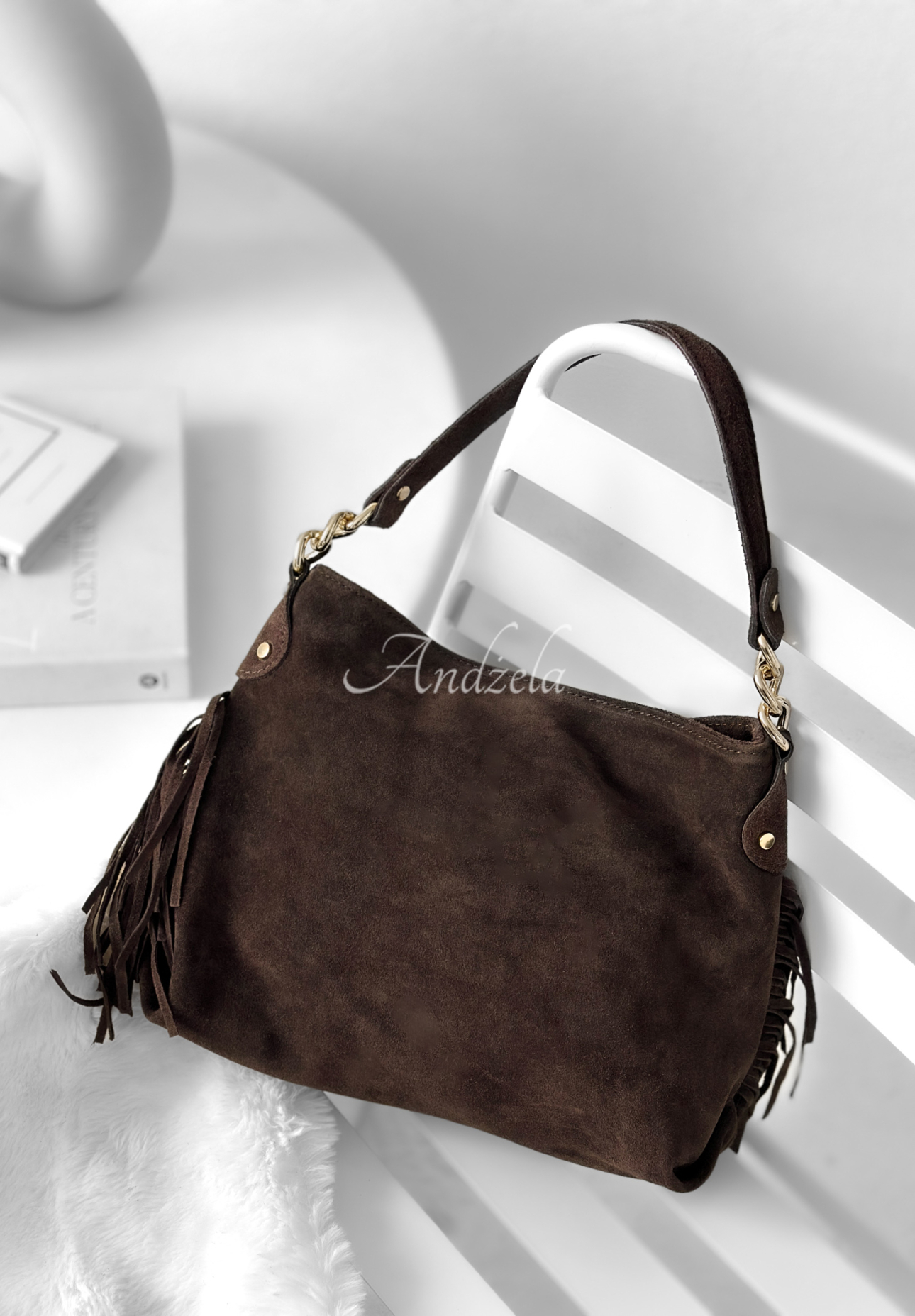 Semišová kabelka s třásněmi Final Message čokoládová