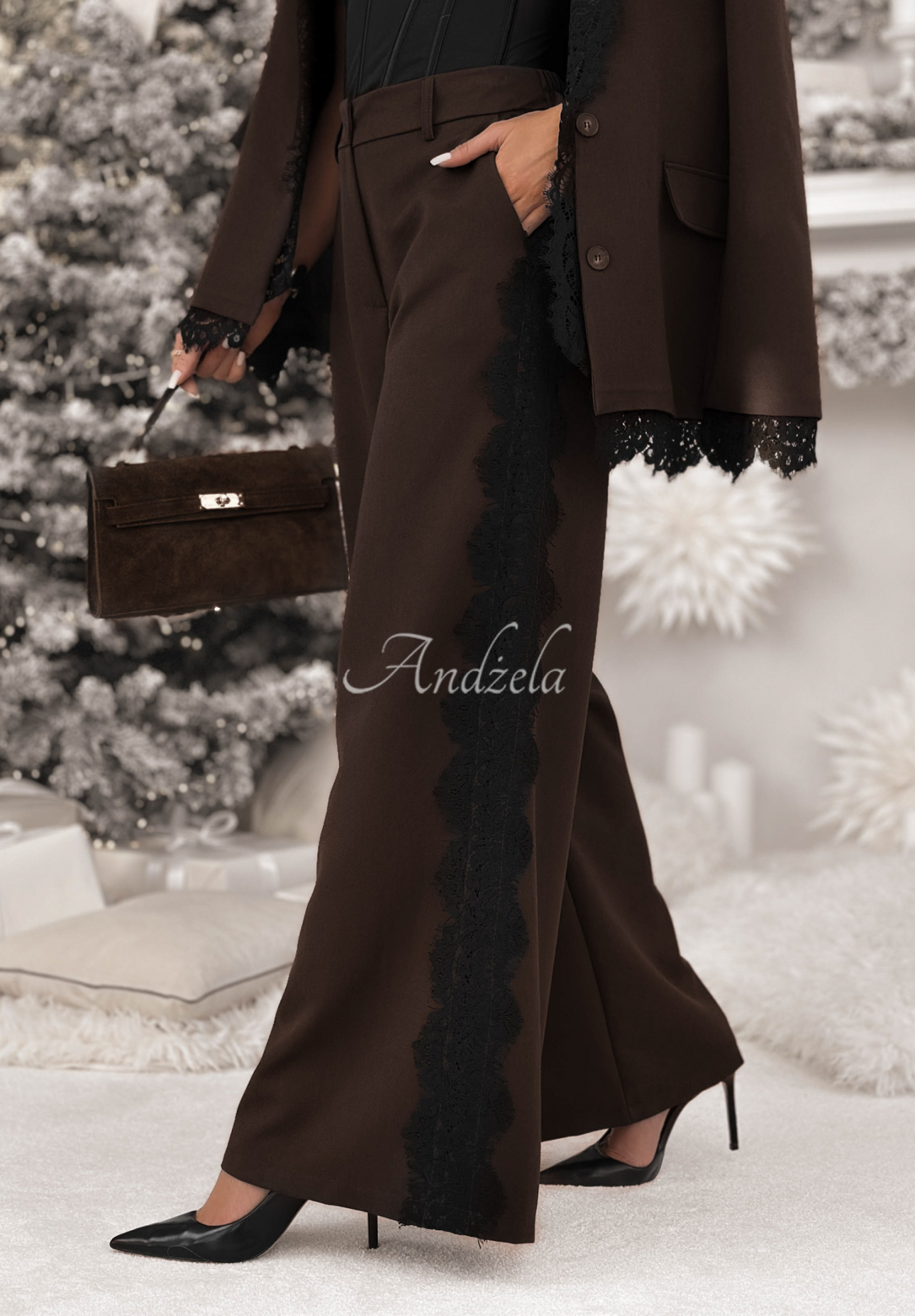 Kalhoty wide leg s krajkou a viskózou Grace Moment čokoládové