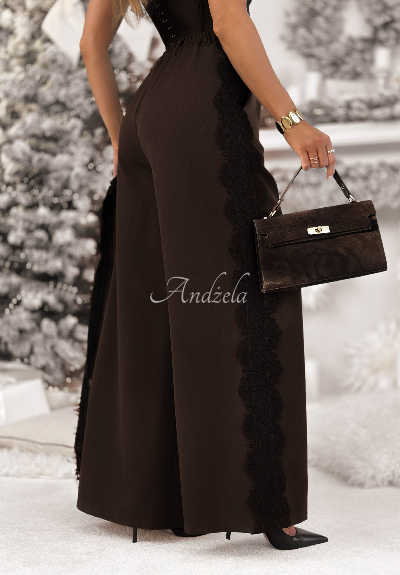 Kalhoty wide leg s krajkou a viskózou Grace Moment čokoládové