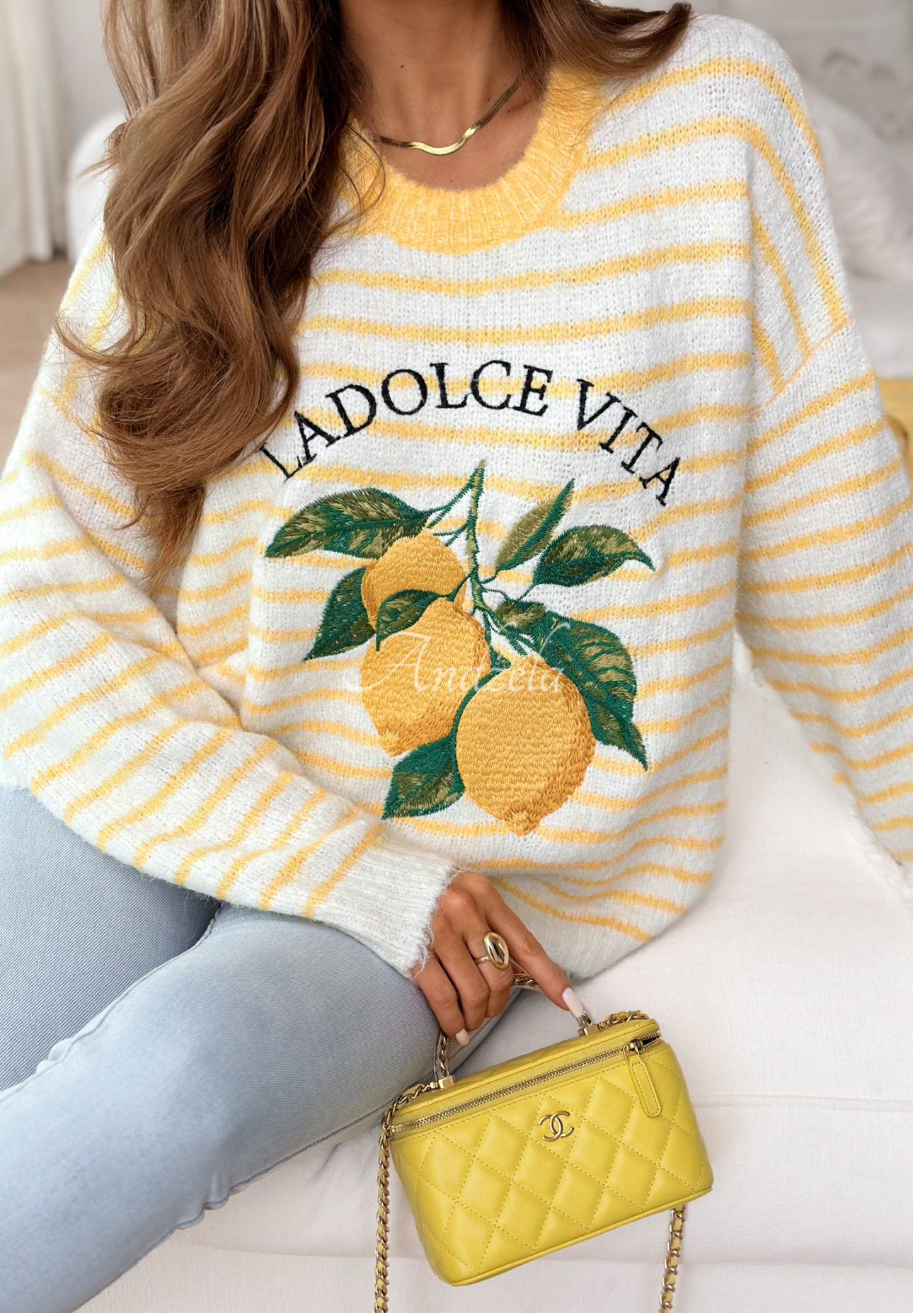 Měkký pruhovaný svetr s viskózou La Dolce Vita Lemonita bílo-žlutý