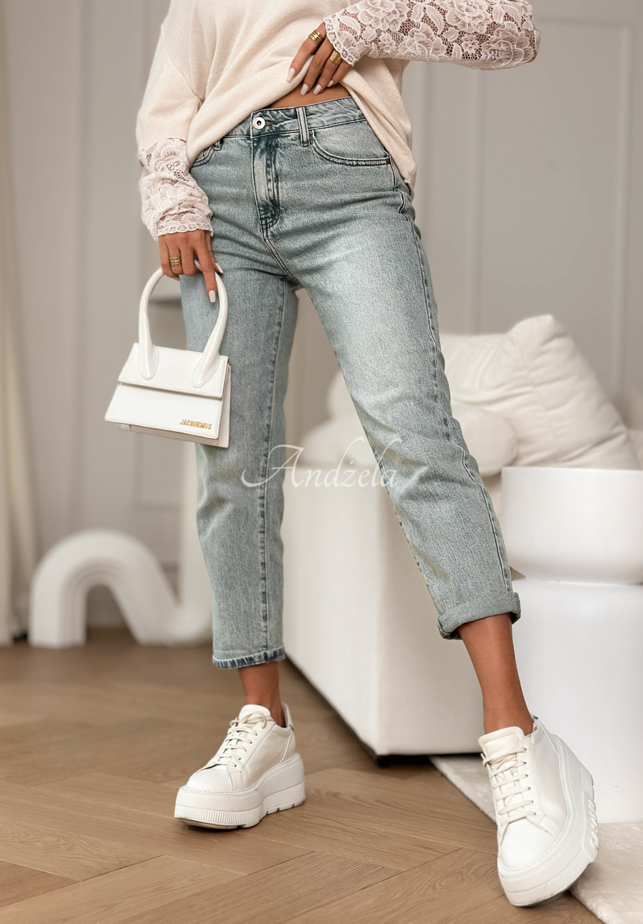 Džíny mom fit s páskem Before I Go světle modré