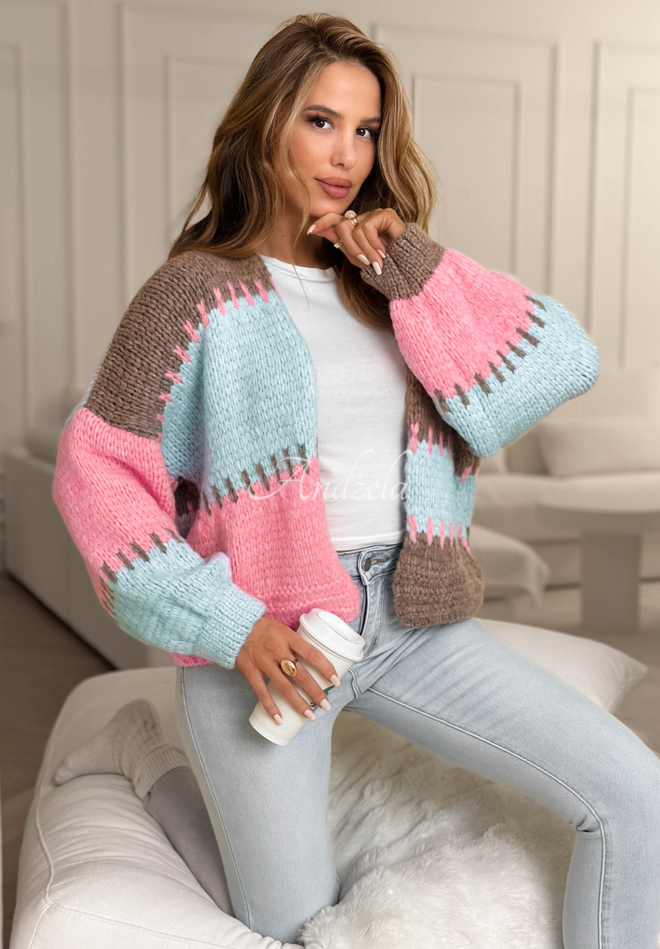 Krátký kardigan oversize Sderiously Pretty niebiesko-růžový