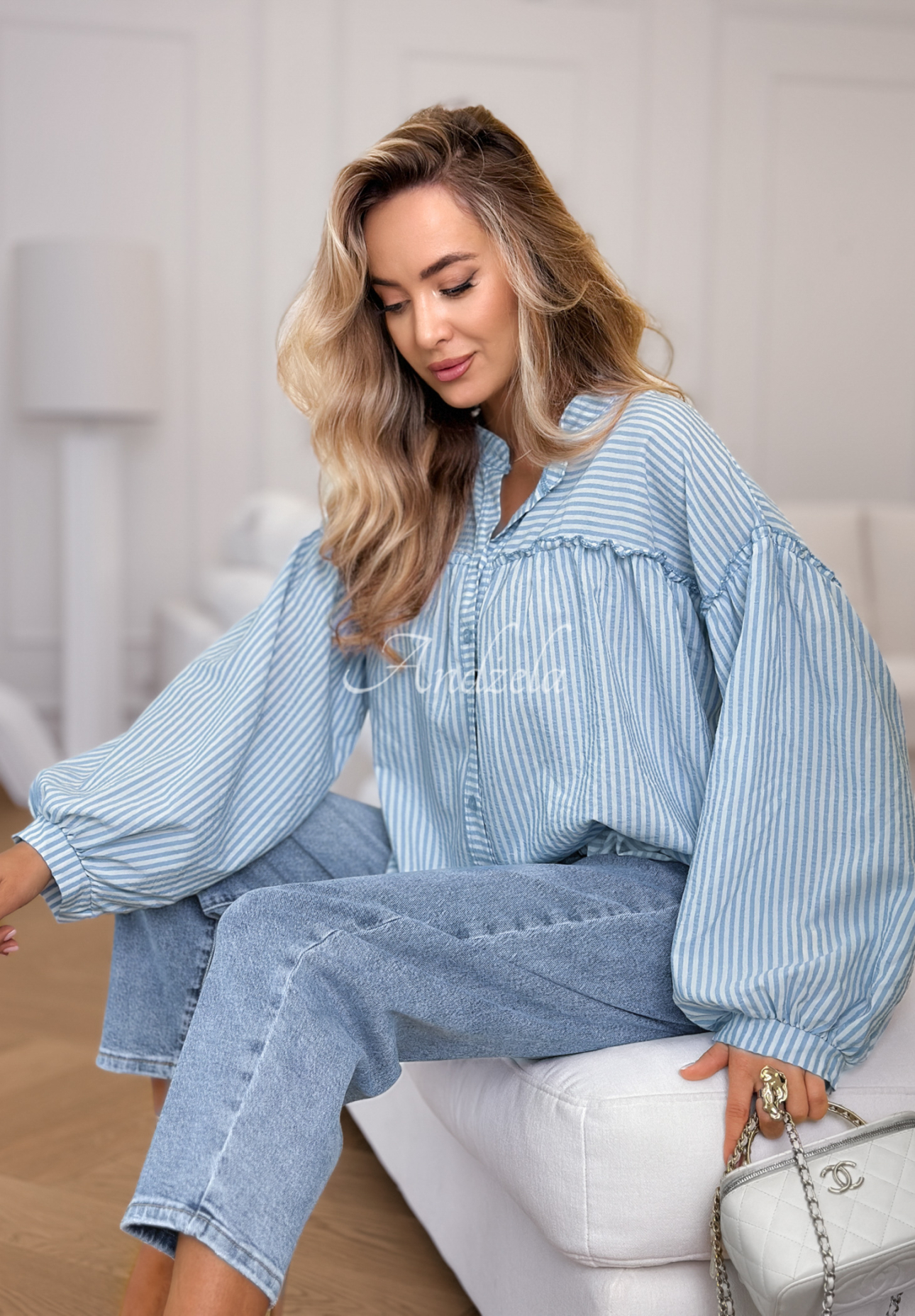 Bavlněná pruhovaná košile s bufkovými rukávy Pure Lines bílo-blankytná