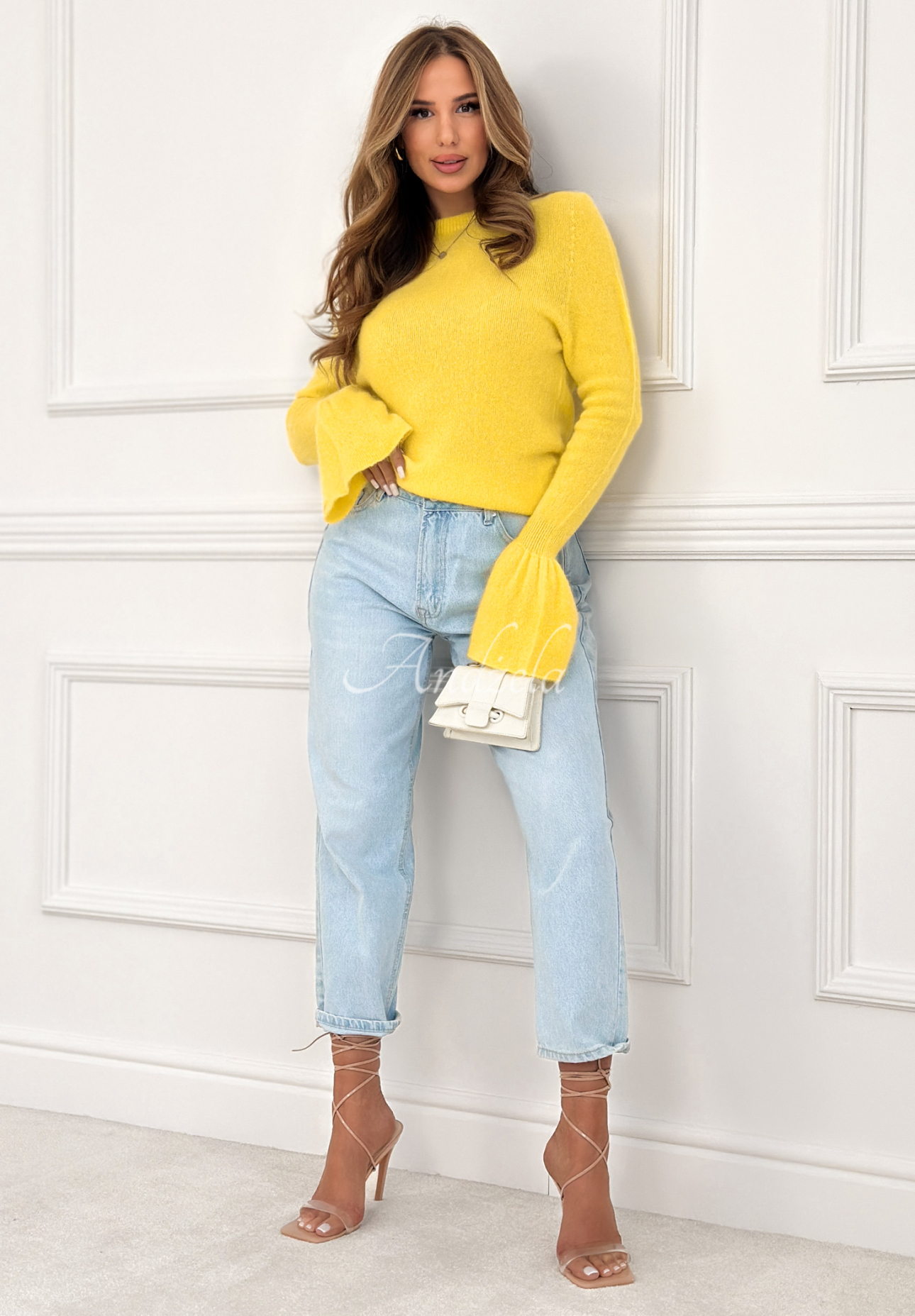 Měkký svetr se širokými rukávy a alpakou Spring Smoothie žlutá