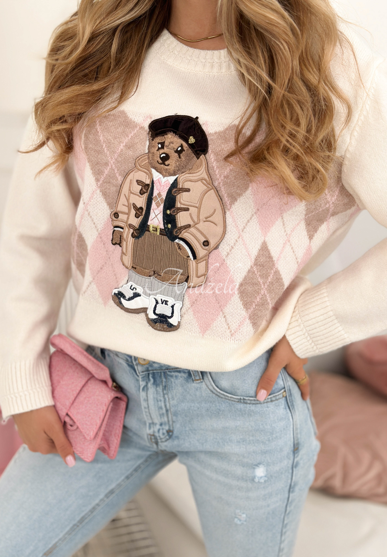 Viskózový svetr s kosočtverci s medvídkem Lady Bear ecru