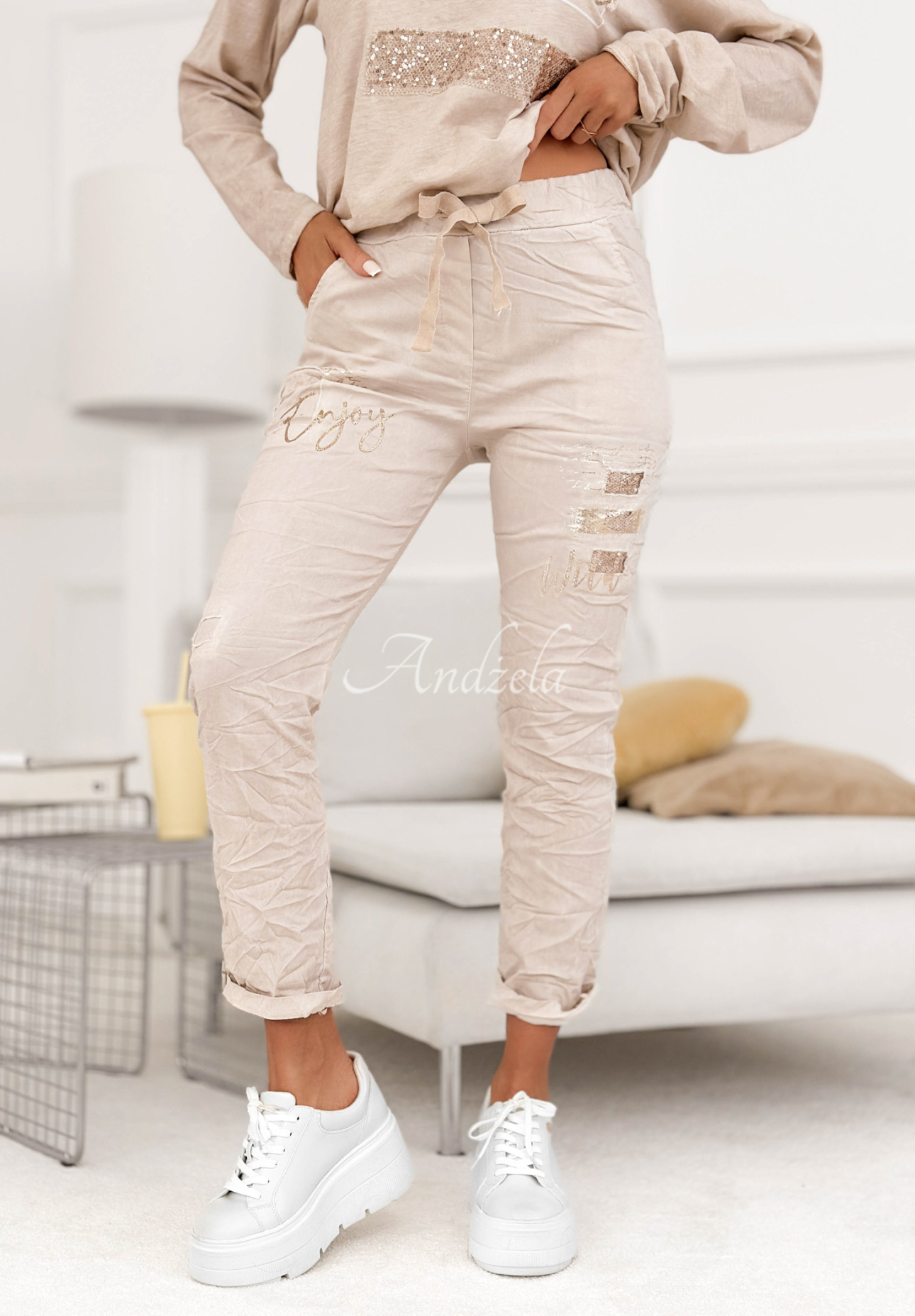 Látkové kalhoty z viskózy s flitry Perfectly Imperfect béžové