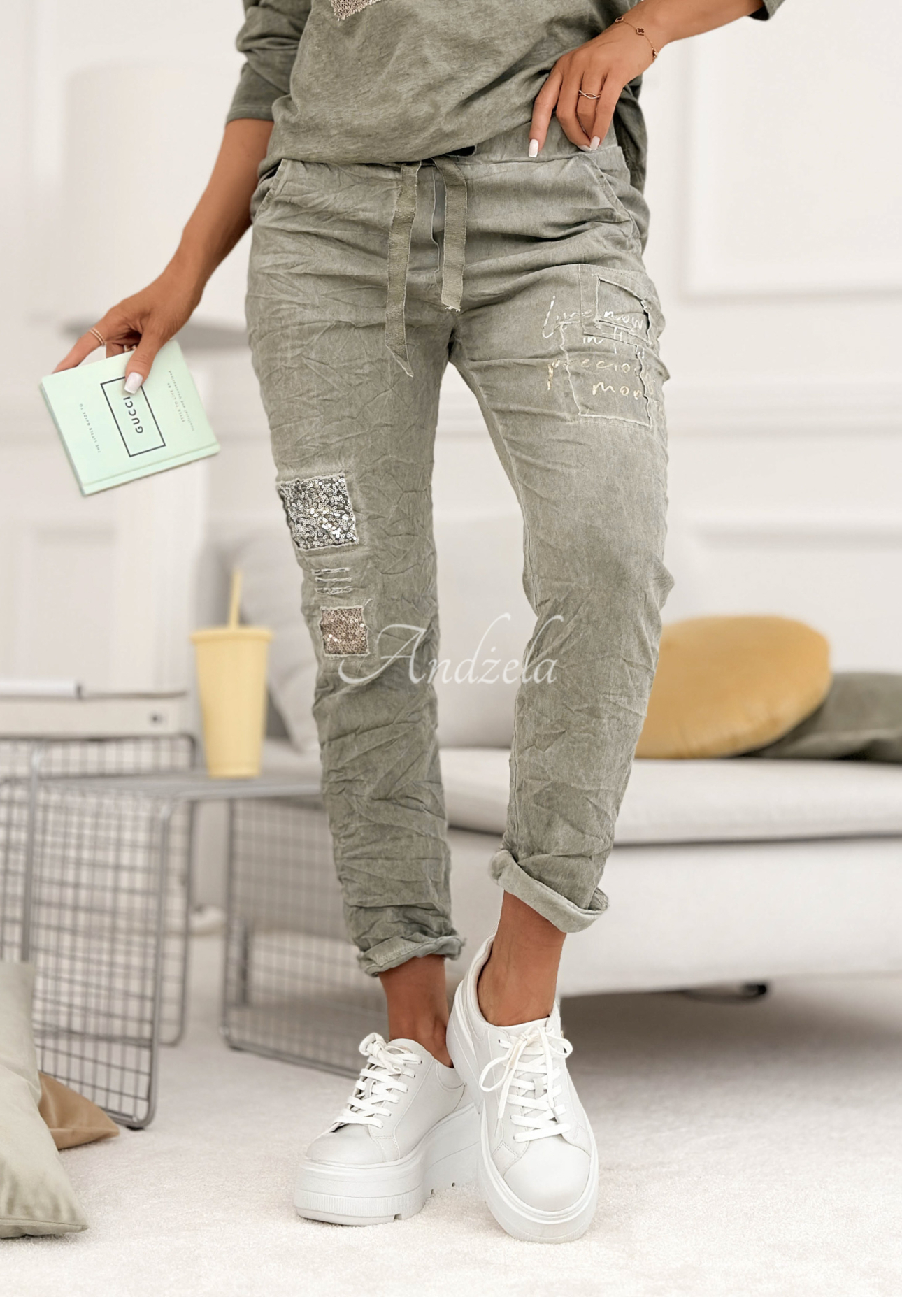 Látkové kalhoty z viskózy s flitry Perfectly Imperfect šedé