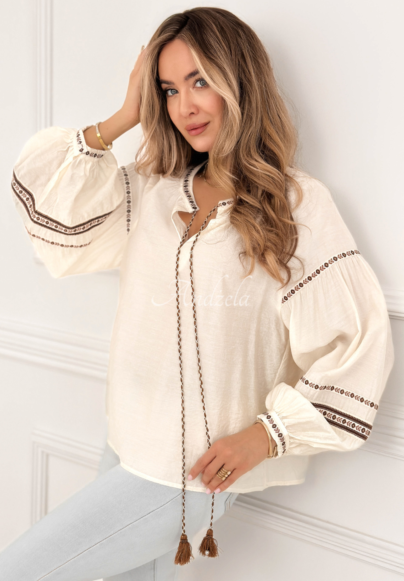 Halenka s nabíranými rukávy boho Arkansas Views ecru