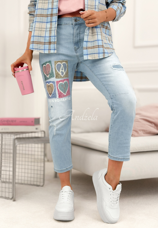 Dž&iacute;ny mom fit s n&aacute;&scaron;ivkami Four Hearts světle modr&eacute;