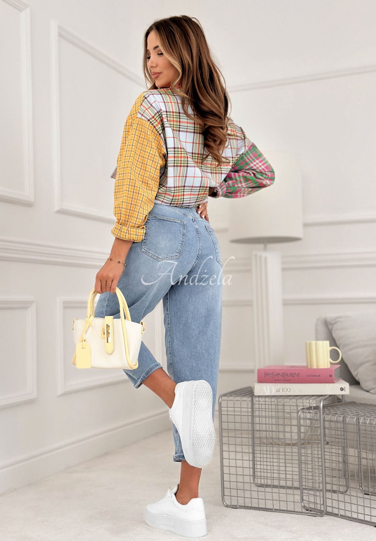 Džíny mom fit s páskem I Said Enough modré