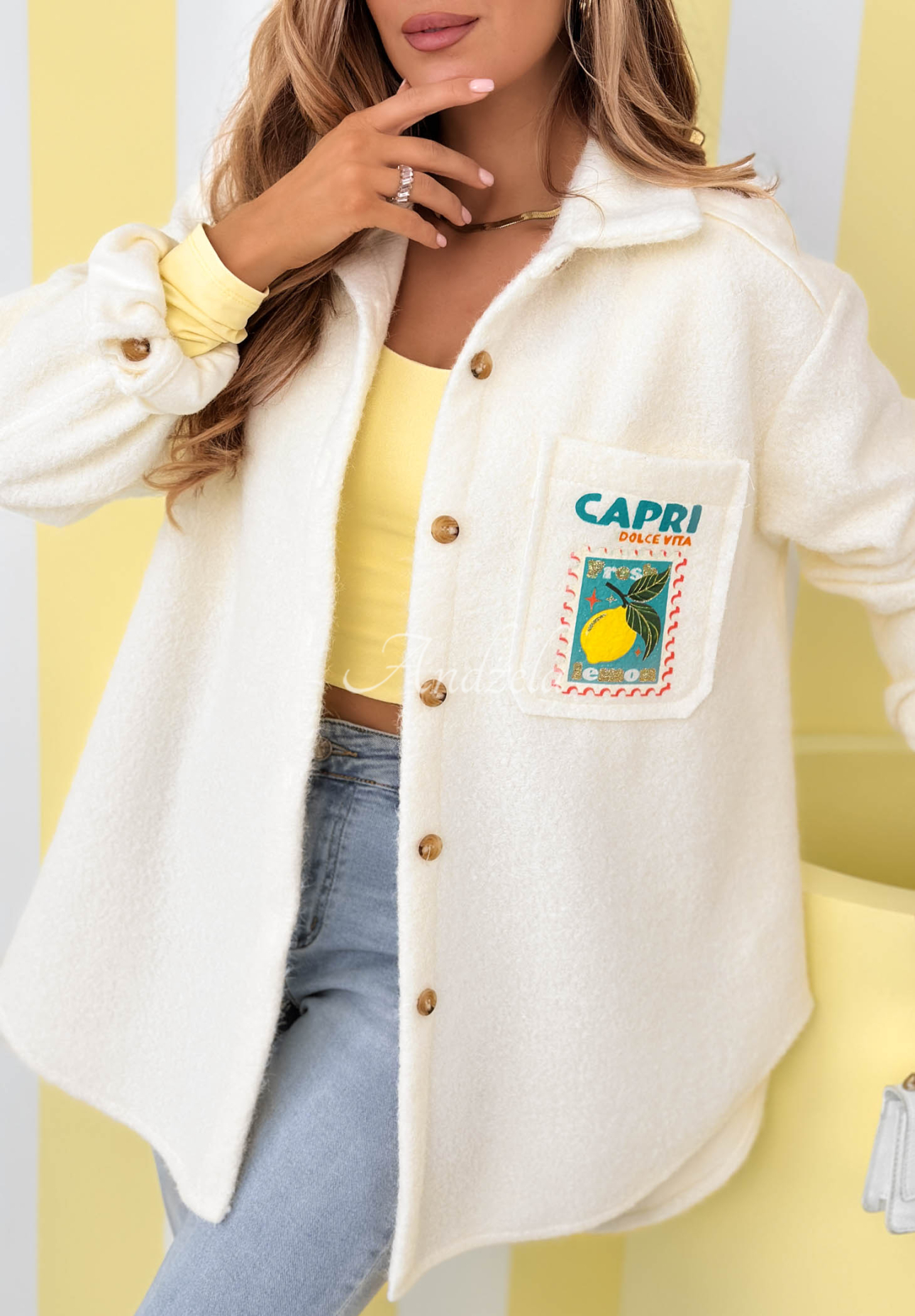 Kožíšková bunda s potisky a vlnou Capri Dolce Vita ecru