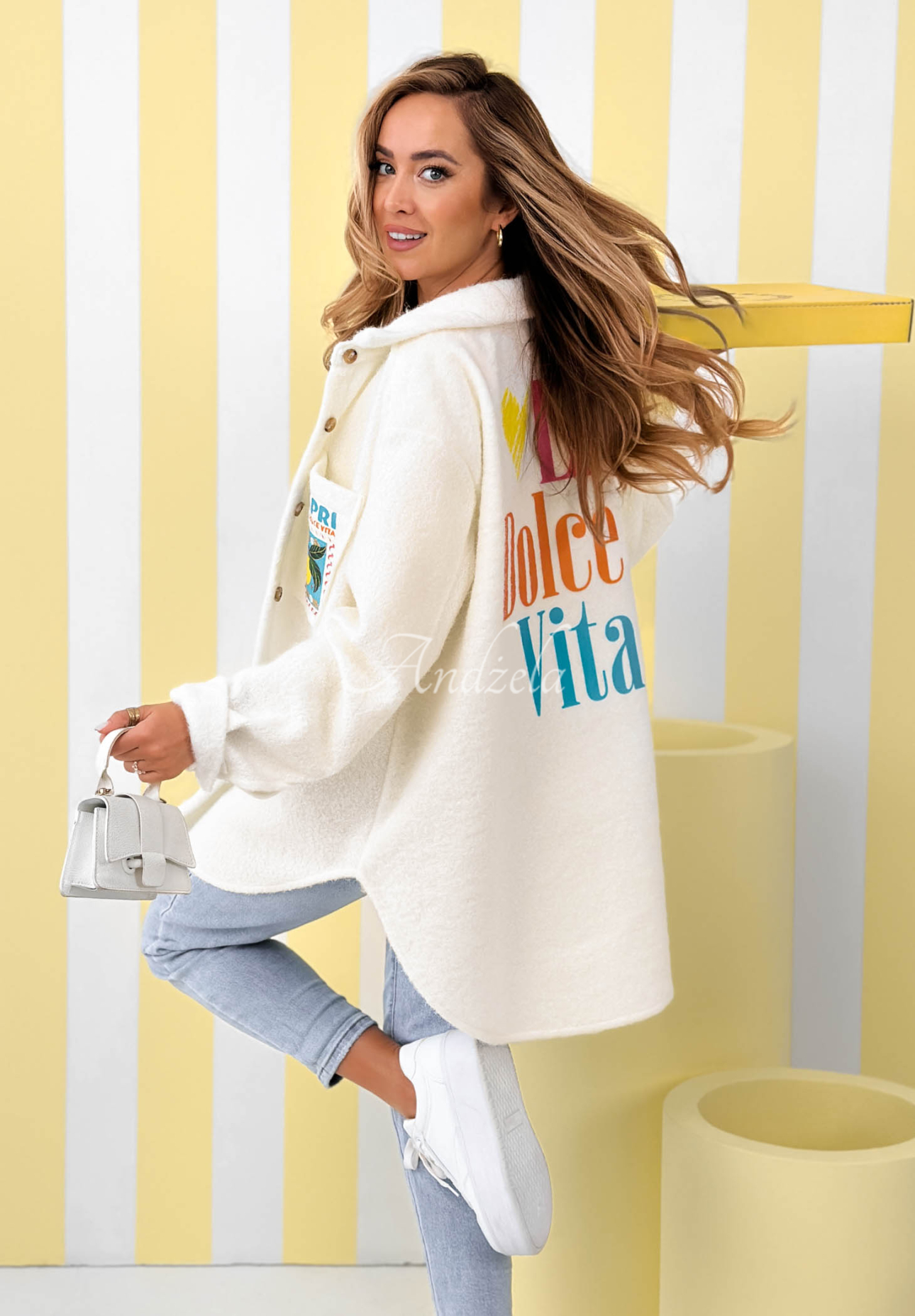 Kožíšková bunda s potisky a vlnou Capri Dolce Vita ecru