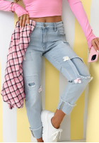 Kalhoty džínové  mom fit z kwiatami Sweet Little Flowers světle modré