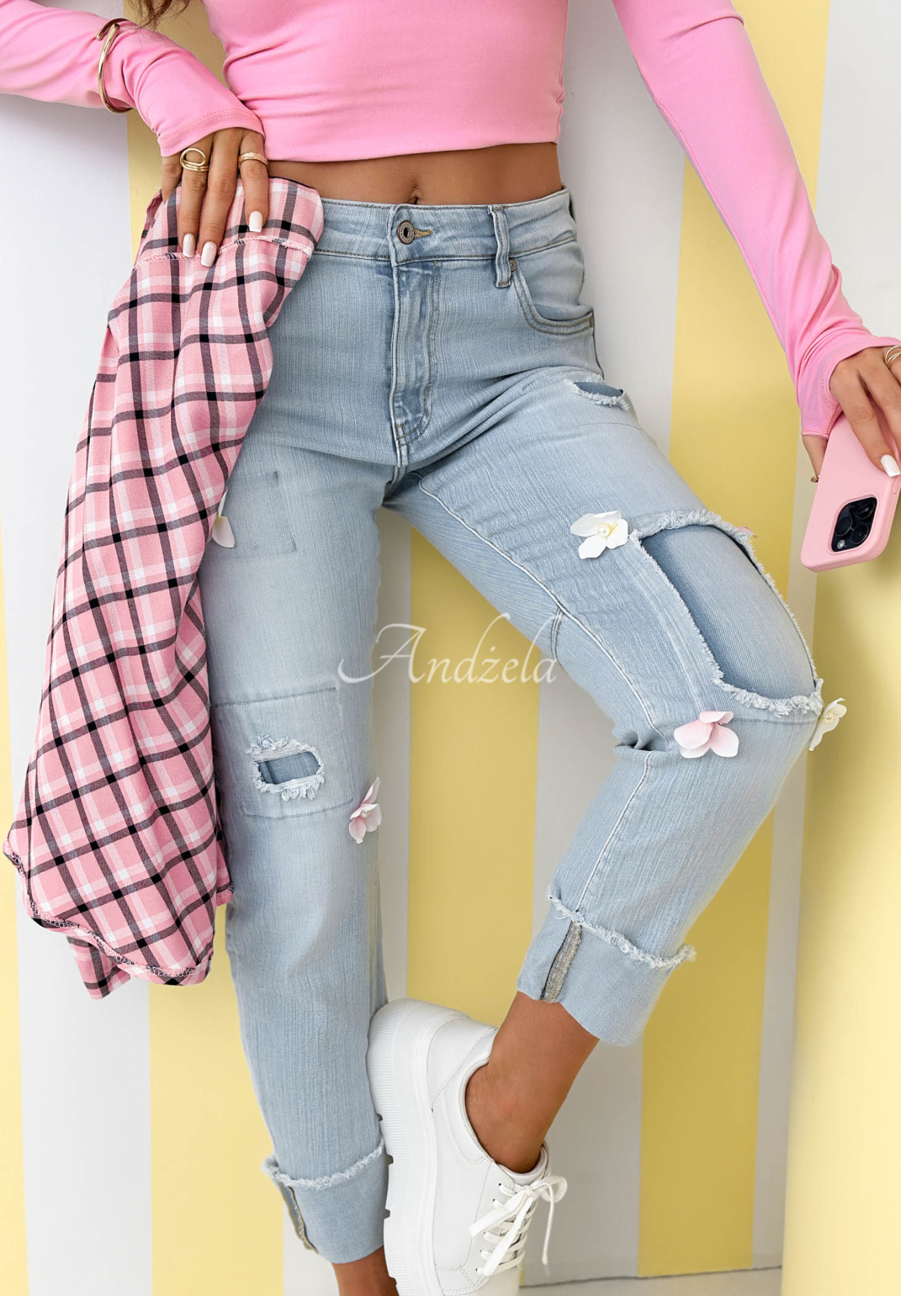 Mom fit džíny s květinami Sweet Little Flowers světle modré