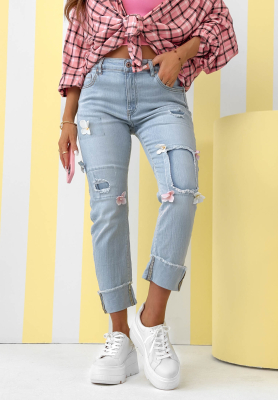 Mom fit dž&iacute;ny s květinami Sweet Little Flowers světle modr&eacute;