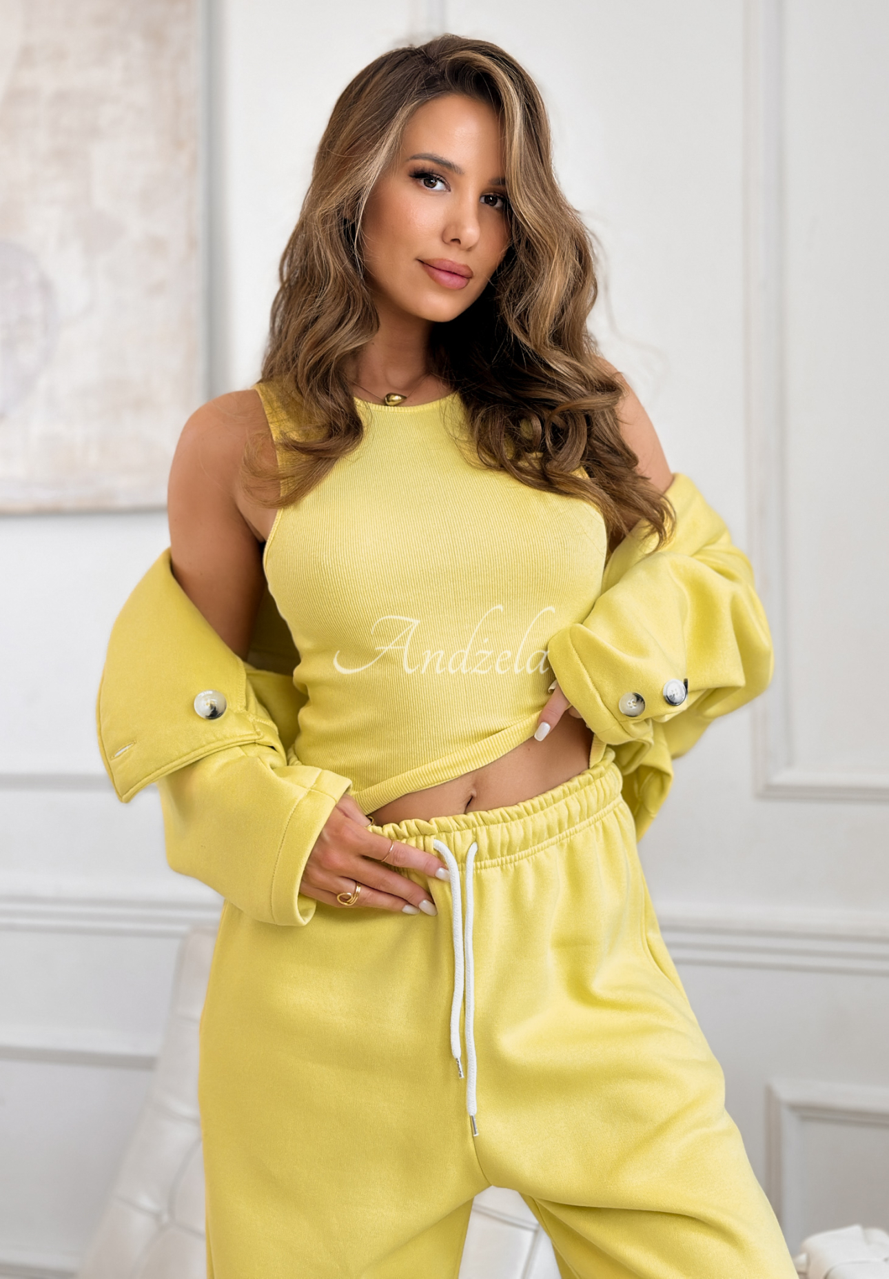 Bavlněná tepláková souprava sako, kalhoty a top 3v1 Almost There limetkový