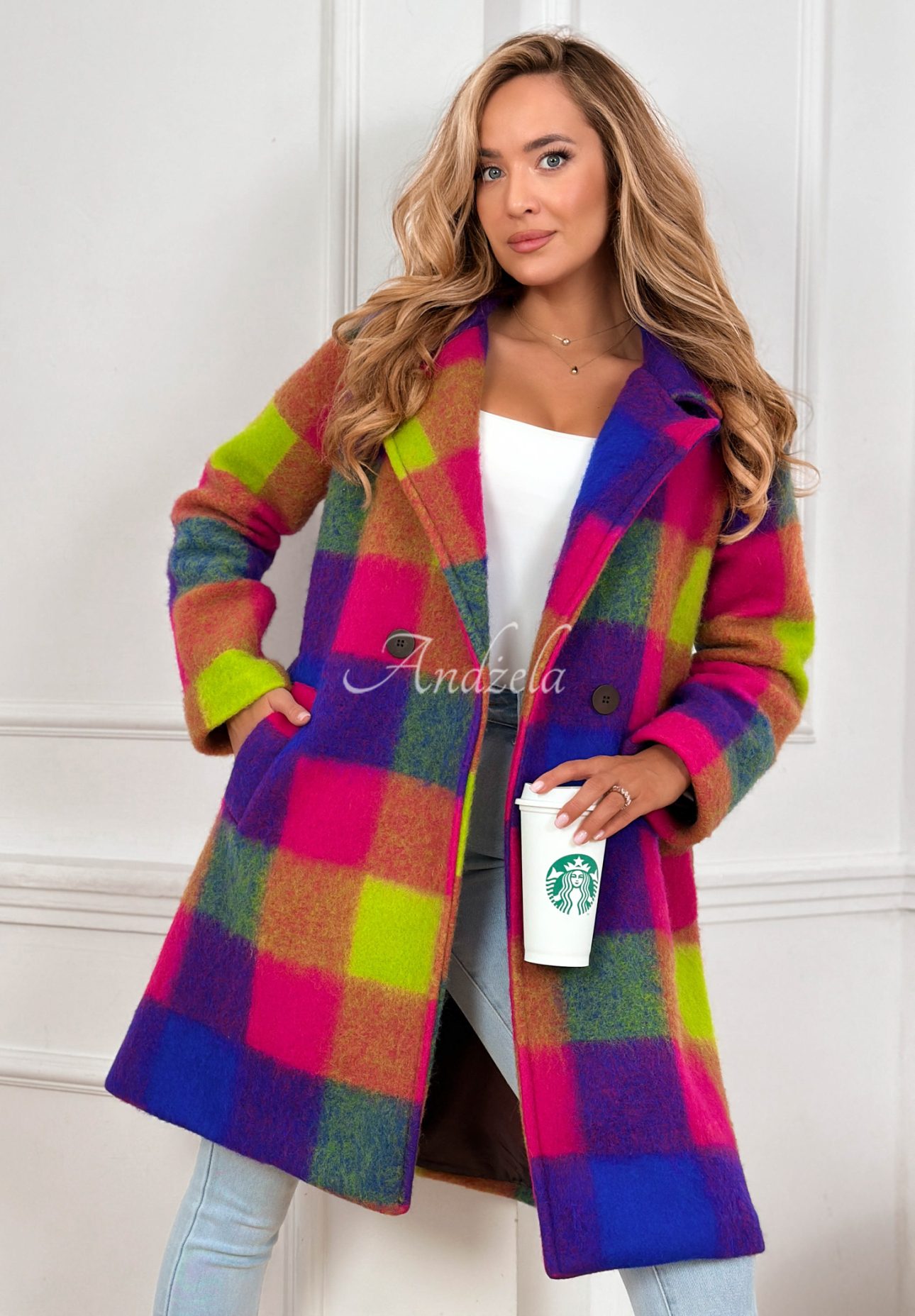 Kabát s károvaným límcem s vlnou Spring Sunrise fialovo-žlutá