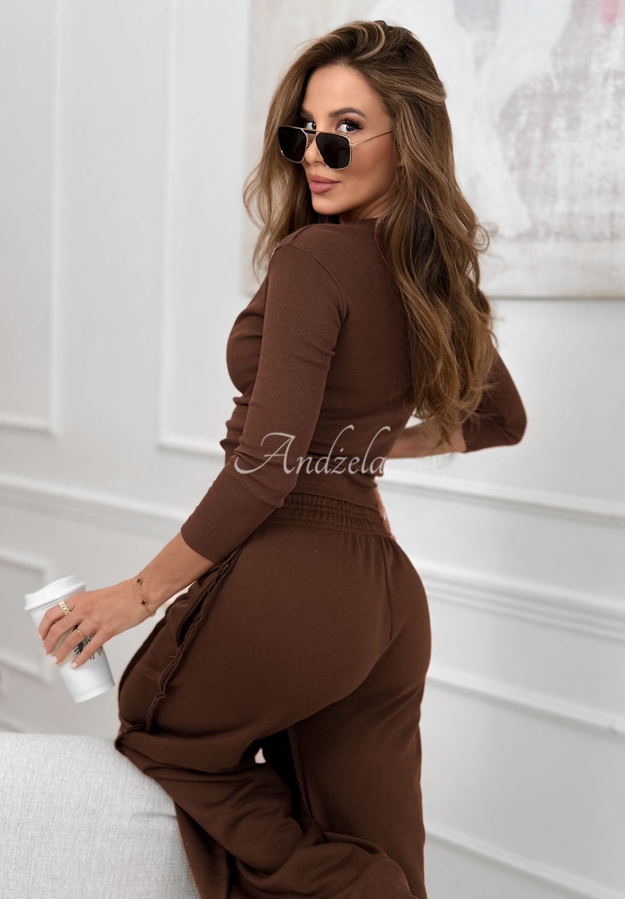 Bavlněná souprava halenka a kalhoty wide leg Spring Charm čokoládový