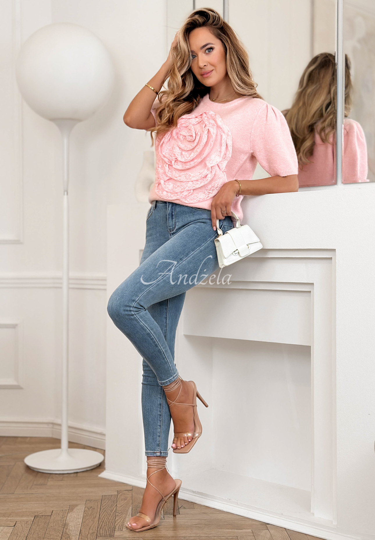 Svetr s květem s krátkým rukávem a vlnou Breeze Of Nature růžový