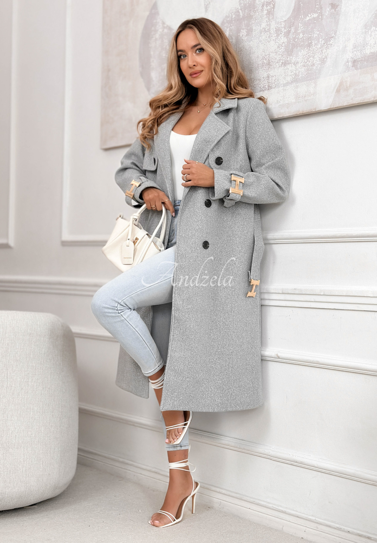 Dlouhý dvouřadý kabát s páskem Changing Of Seasons šedý