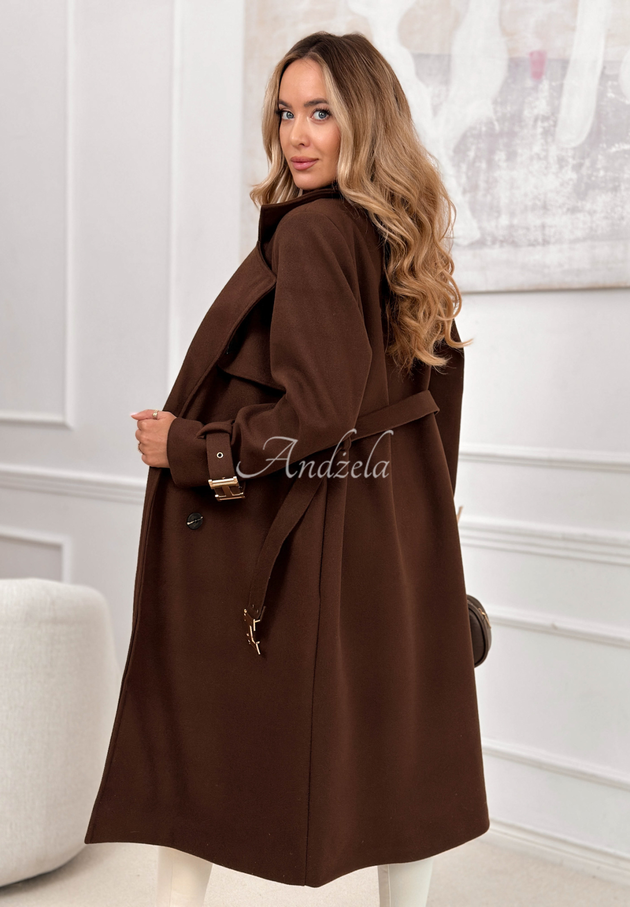 Dlouhý dvouřadý kabát s páskem Changing Of Seasons čokoládový