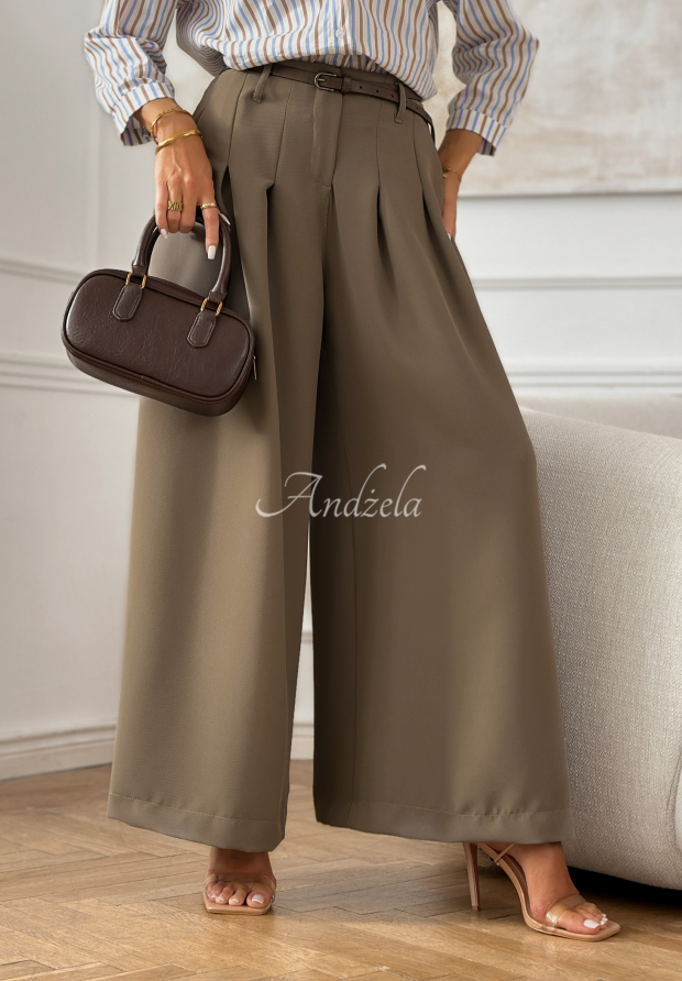 Elegantn&iacute; kalhoty wide leg s p&aacute;skem Begin Doing Mokka