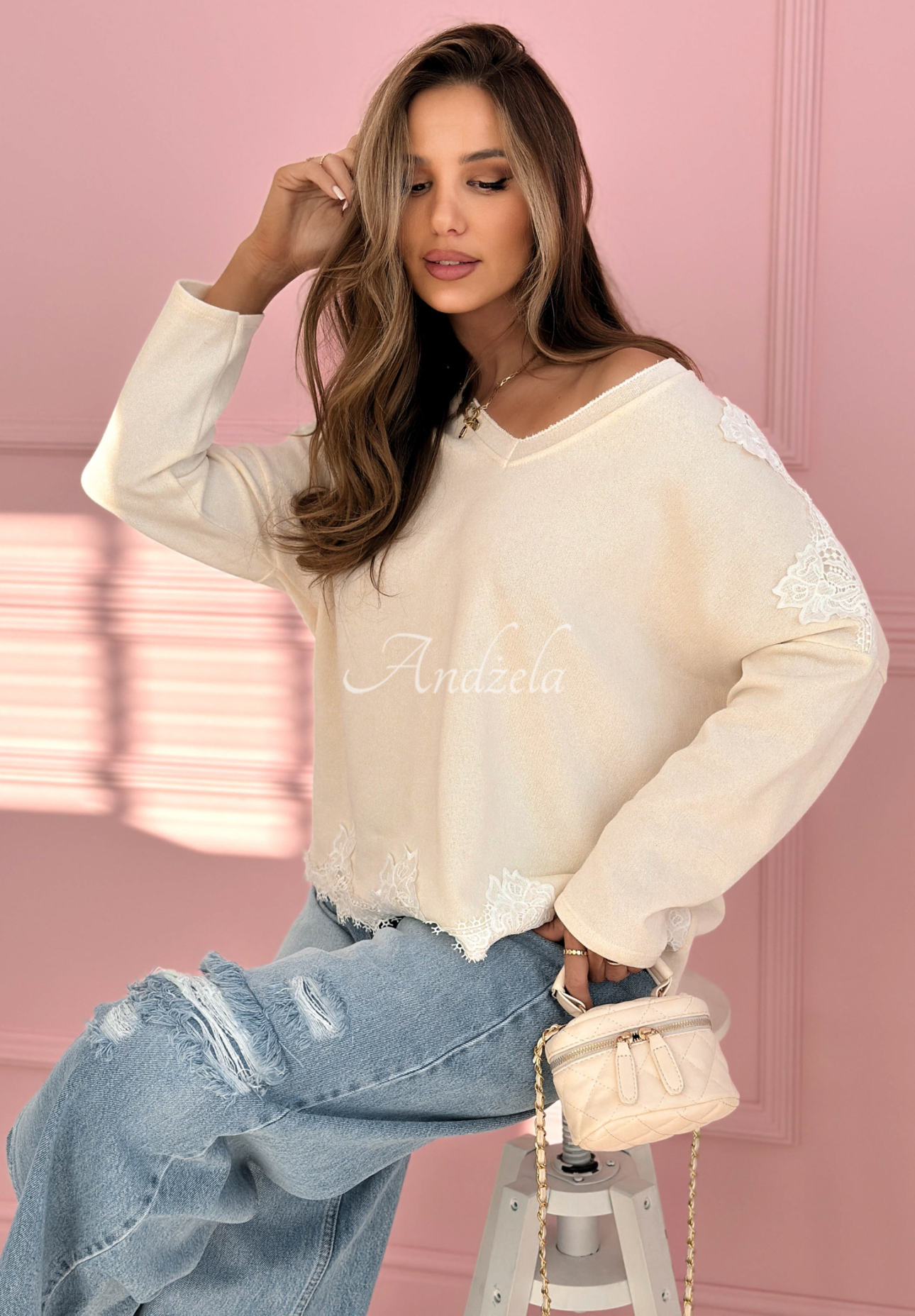 Bavlněná mikina s krajkou Softness And Lace ecru