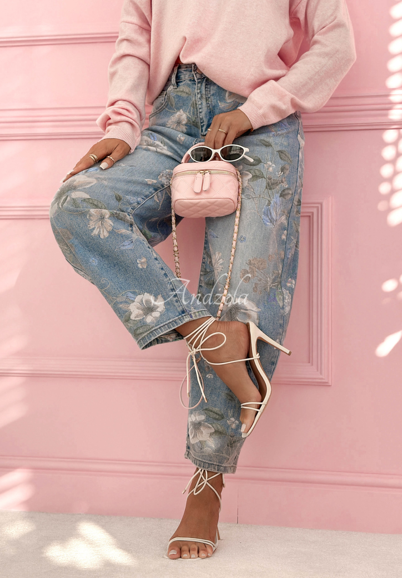 Džíny balloon s květinovým potiskem Take Your Time modré