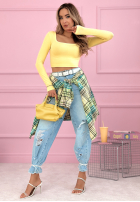 Krátká prążkowana Halenka z kwadratowym dekoltem Wasn’t Ready žlutá