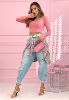 Krátká prążkowana Halenka z kwadratowym dekoltem Wasn’t Ready růžová