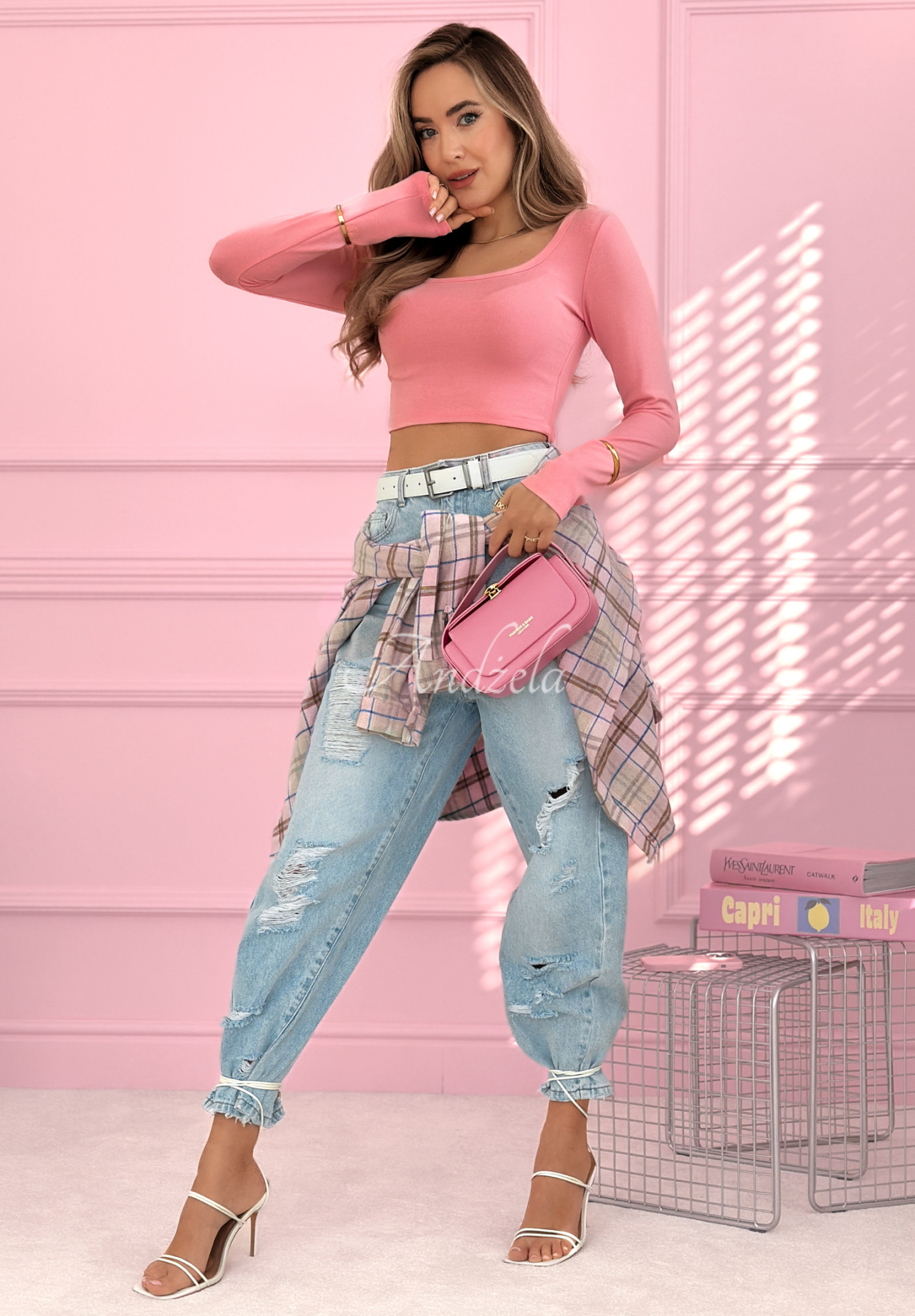 Krátká viskózová halenka se čtvercovým výstřihem Wasn’t Ready růžová