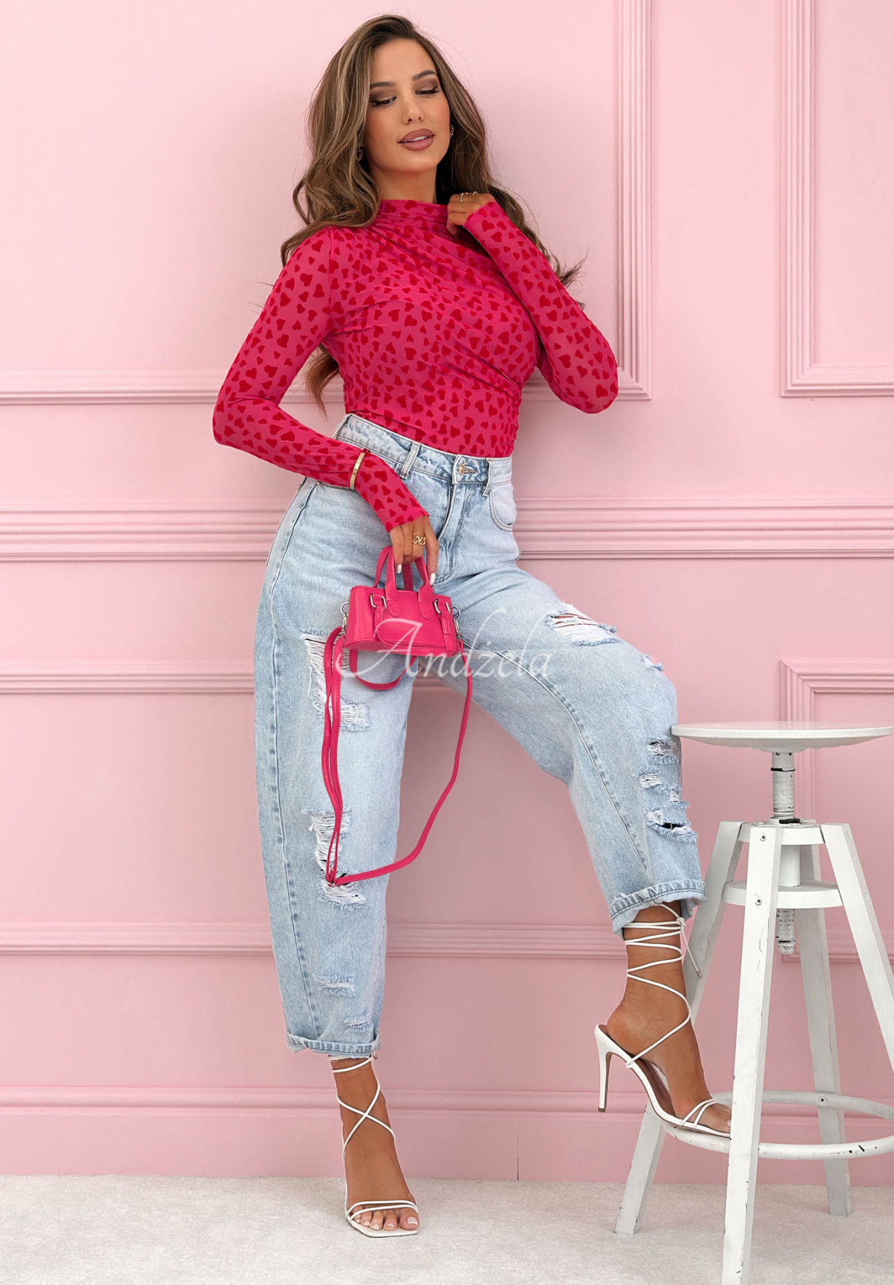 Síťované body s dlouhým rukávem s polorolákem se srdíčky Broke My Heart růžové