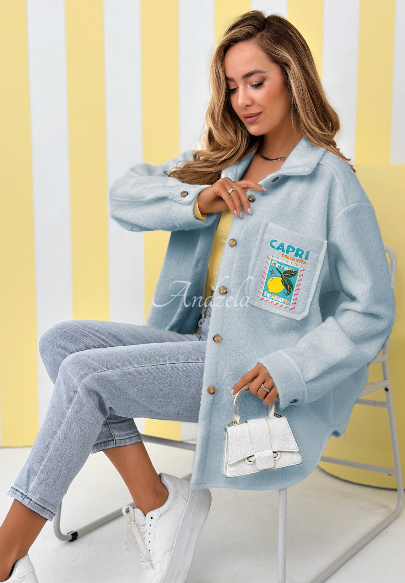 Kožíšková bunda s potisky a vlnou Capri Dolce Vita blankytný