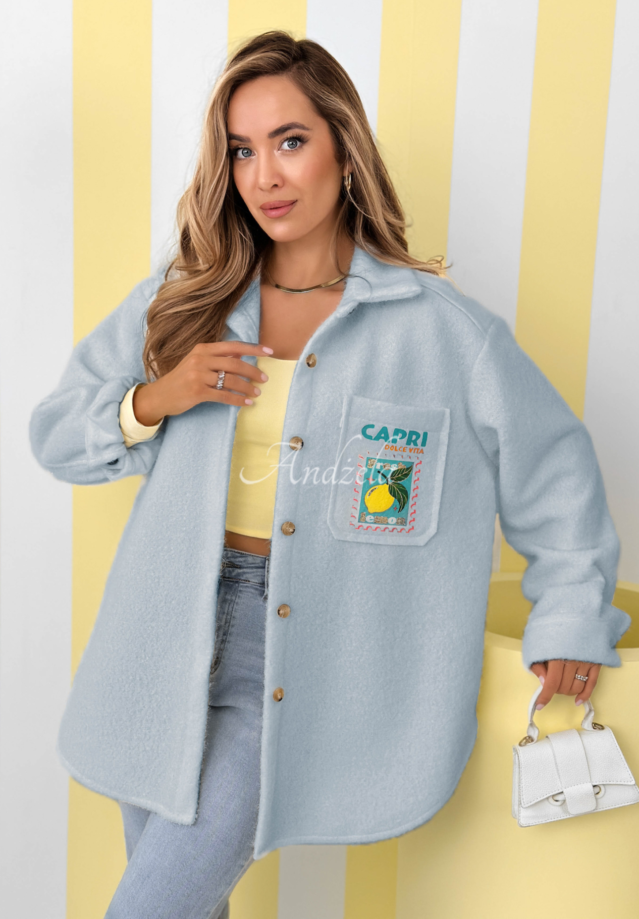 Kožíšková bunda s potisky a vlnou Capri Dolce Vita blankytný