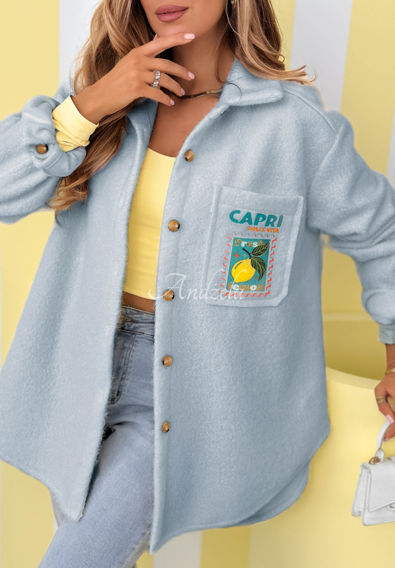 Kožíšková bunda s potisky a vlnou Capri Dolce Vita blankytný