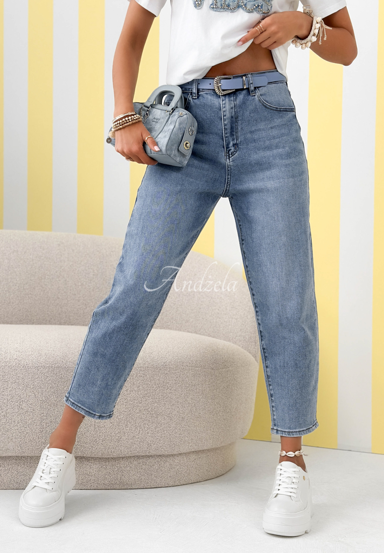 Mom fit džíny s páskem Hard To Forget modré