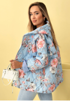 Krátká Prošívaná Bunda s kapucí w kwiaty Begonia blankytná