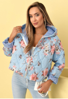 Krátká Prošívaná Bunda s kapucí w kwiaty Begonia blankytná