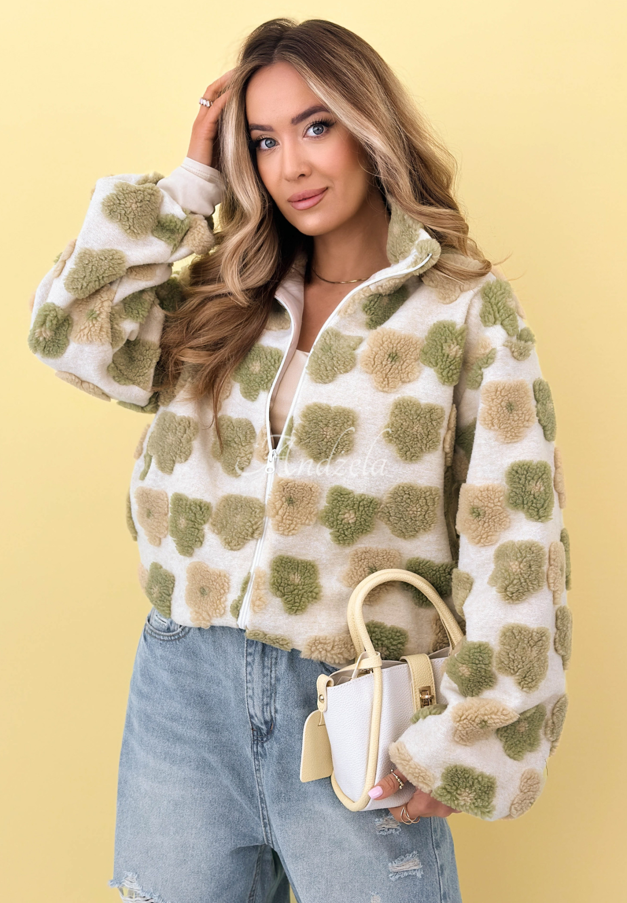 Květovaná vlněná bunda se stojáčkem Garden Of Flowers béžovo-zelená