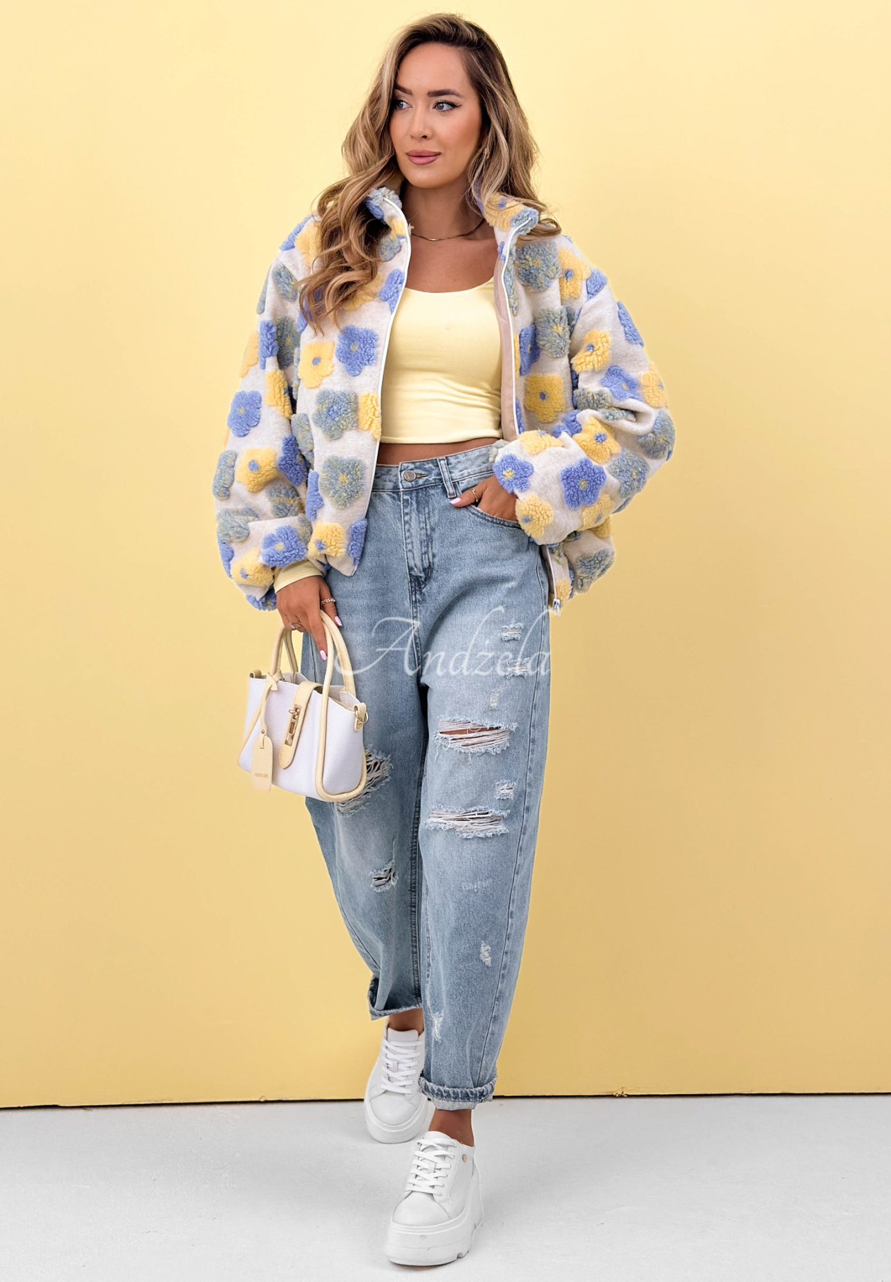 Květovaná vlněná bunda se stojáčkem Garden Of Flowers modro-žlutá