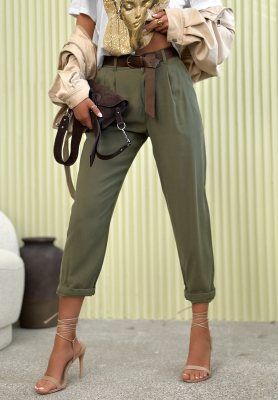 Elegantn&iacute; kalhoty mom fit z visk&oacute;zy s p&aacute;skem Never Limit Yourself khaki