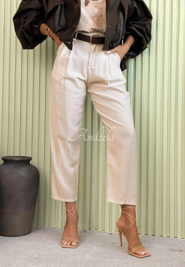 Elegantn&iacute; kalhoty mom fit z visk&oacute;zy s p&aacute;skem Never Limit Yourself b&eacute;žov&eacute;