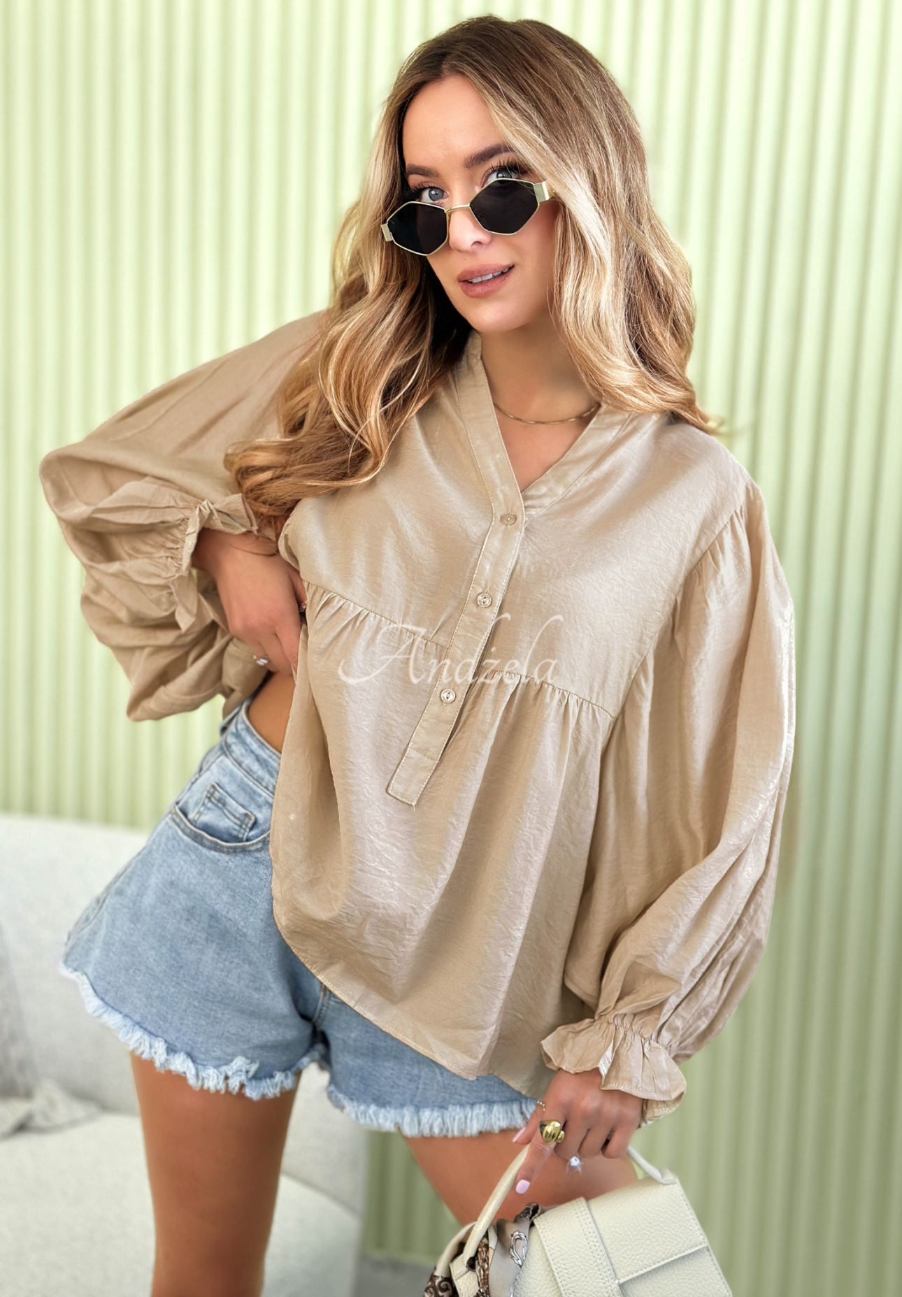 Lehká košile s nabíranými rukávy Spring Poems béžová