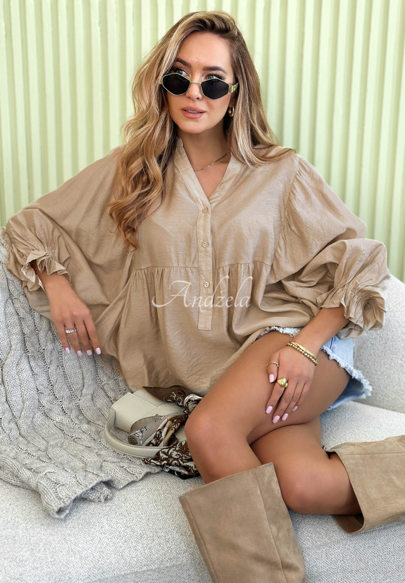 Lehká košile s nabíranými rukávy Spring Poems béžová