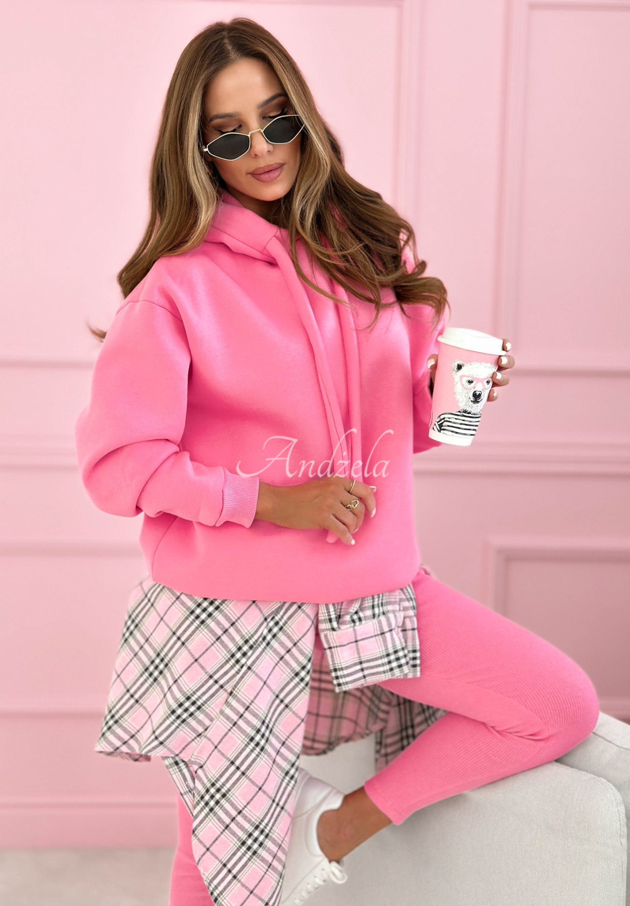 Bavlněná tepláková souprava mikina s kapucí a legíny Hot Duo růžový