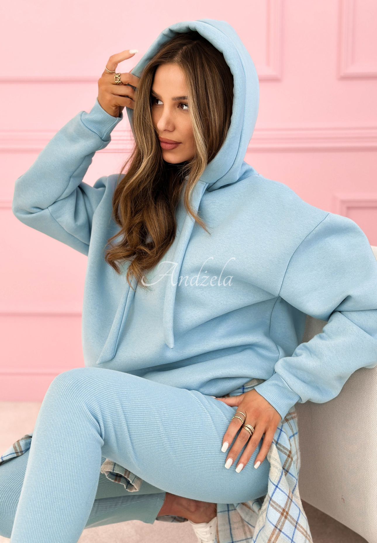 Bavlněná tepláková souprava mikina s kapucí a legíny Hot Duo blankytný