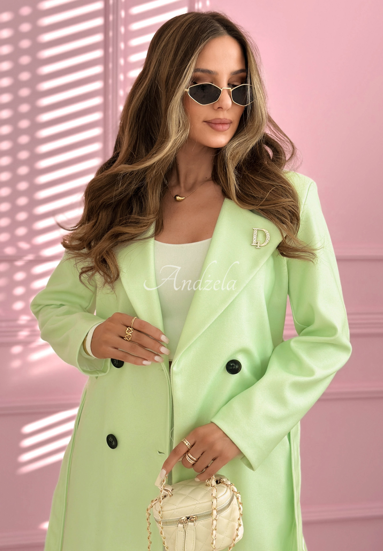 Dlouhý dvouřadý kabát s límcem We Both Know pistáciový